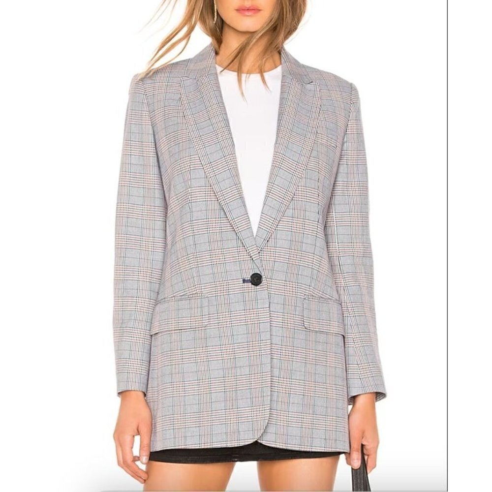 NWT Equipment Jeanne Longline Blazer Blue Glen Plaid One Button Wool-Blend 8